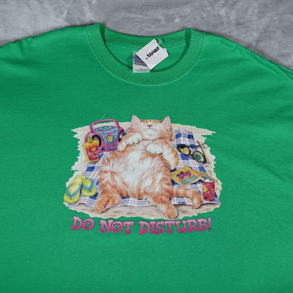Vintage Do Not Disturb Cat T Shirt Mens 3XL Funny Green Y2K NEW